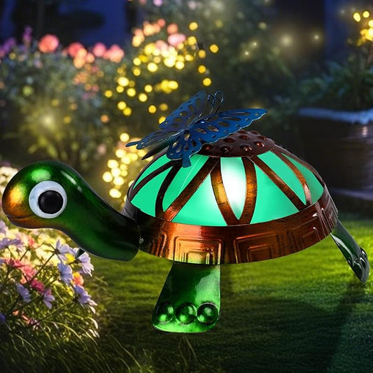 Solar Garden Outdoor Statues with Butterfly, Metal Garden Turtle Statue Solar Lights Outdoor Tortoise Figurines for Patio, Lawn, Yard Ornament, Housewarming Gifts