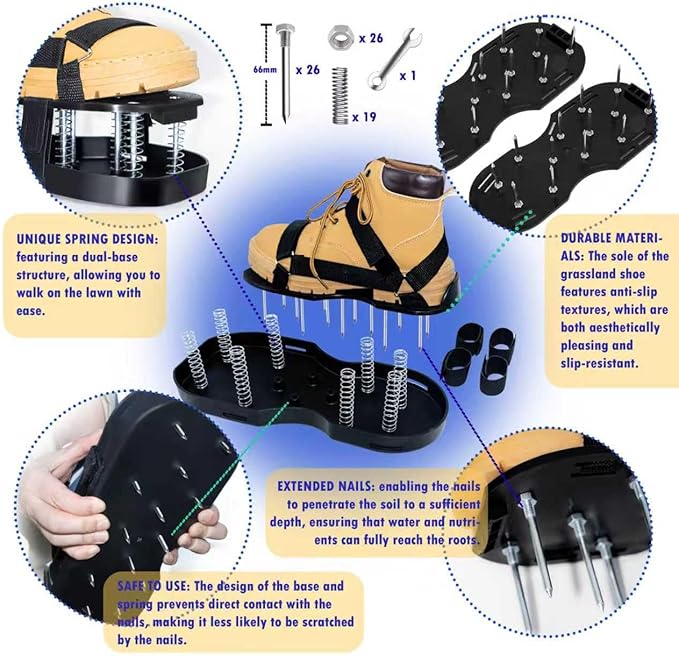 Lawn Aerator Shoes for Grass, Double Layer with Spiked Bottom and Spring Base, Soil Yard Aerator Tool for Aerating Patio Garden with Adjustable Strap, Black