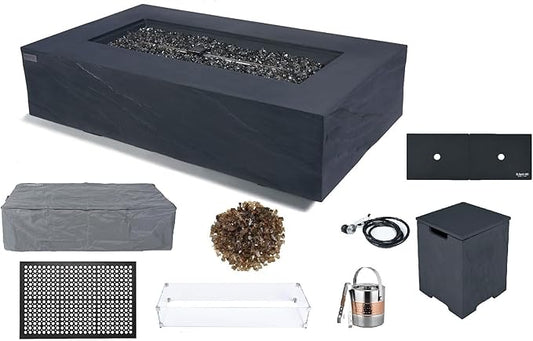 Elementi+ | Bundle Cape Town Gas Fire Pit Cast Concrete 56" Rectangular Fire Table, Outdoor Fire Pit Electronic Ignition | Canvas Cover, Fire Glass and Burner Lid Included | Dark Gray | Propane Gas