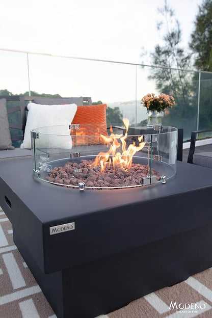 AMS Fireplace | Modeno Branford Package | Black Liquid Propane Gas Fire Pit Table for Outside Patio Bundle with Tank Cover, Wind Guard | Free Ice Bucket & Rubber Mat