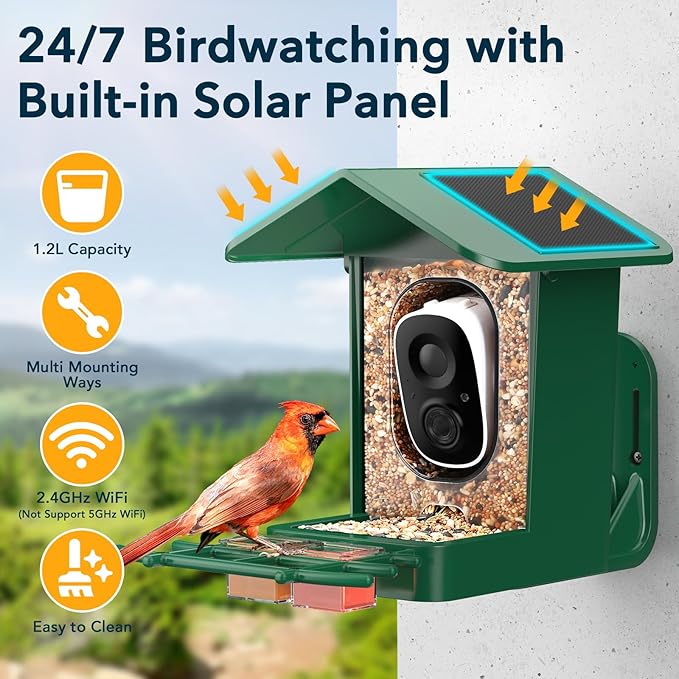 PeckCam® Bird Feeder with Camera Solar Powered, AI Identify & Auto Capture, 2K HD Live Video Smart Bird Feeder Camera Instant Notifications in Backyard, Gift for Bird Lovers