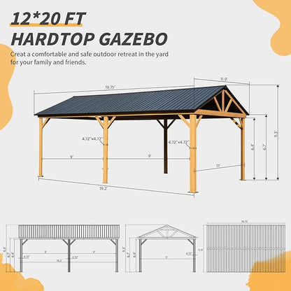 Domi 12’ x 20’ Hardtop Gazebo, Wooden Coated Aluminum Frame Canopy with Galvanized Steel Gable Roof, Outdoor Permanent Metal Pavilion for Patio, Deck and Lawn