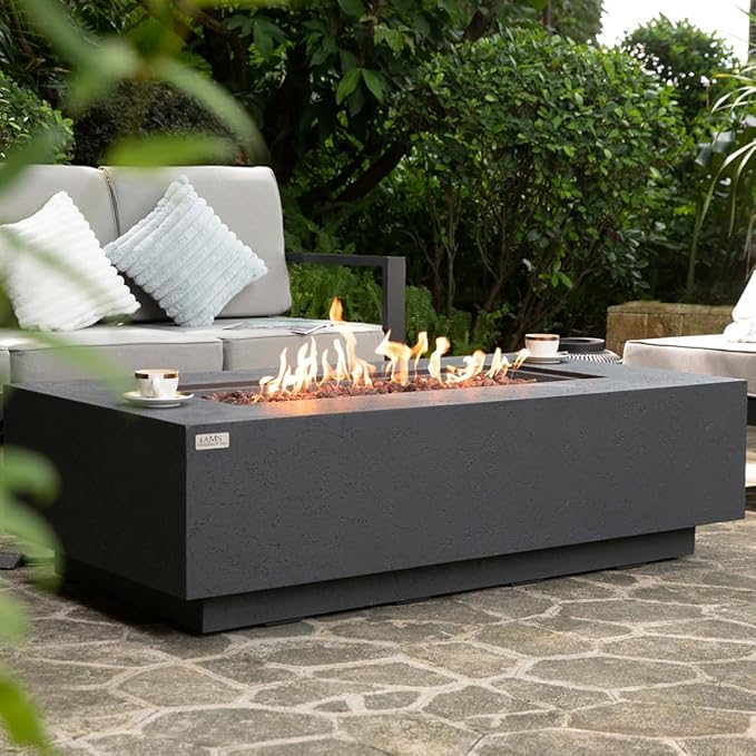 AMS Creations | Madison 60" Rectangular Natural Gas Outdoor Fire Pit Table | Dark Gray Concrete GFRC | Limestone Texture or Surface | Electronic Ignition | Outside Backyard Fireplace