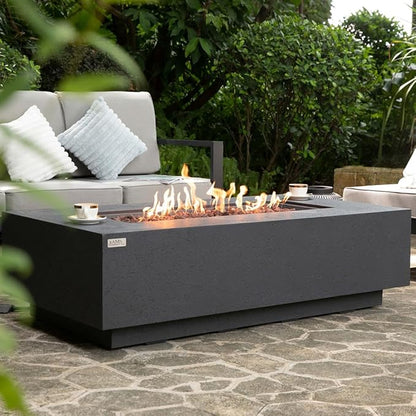 AMS Creations | Madison 60" Rectangular Natural Gas Outdoor Fire Pit Table | Dark Gray Concrete GFRC | Limestone Texture or Surface | Electronic Ignition | Outside Backyard Fireplace