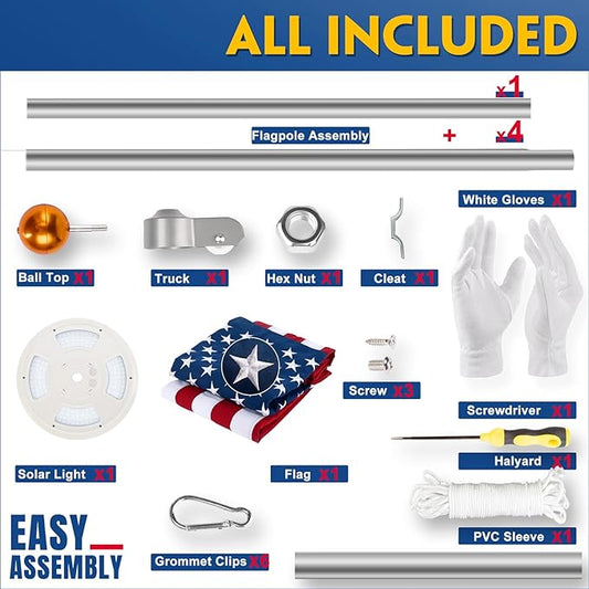 20FT Sliver Heavy Duty Flag Pole Kit with 3x5 Ft American Flag & Solar Light - 12 Gauge Aluminum Tubing, Resistance High Winds, Hardware Flagpole Set for Residential Commercial Outdoor Ready