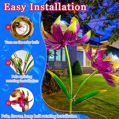 Solar Wind Spinner Outdoor, 63 Inch Metal Wind Spinner Yard Art with Lights - Twin Flower Design Pinwheels for Yard and Garden Decor, Solar Garden Decor