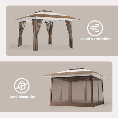 Bealife 13x13 Pop Up Gazebo Tent with Mosquito Netting, Outoor Canopy Tent with 4 Sandbags, 8 Stakes, 4 Ropes, Roller Bag, Pop Up Canopy for Lawn Backyard Garden Deck (Beige, 13x13)
