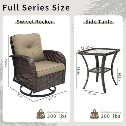 3 Pieces Patio Furniture Set, Outdoor Swivel Rocking Chair Set of 2 with Side Table - 360° Swivel, Thick Cushions, All-Weather Bistro Set for Deck, Porch, Pool(Brown, Brown Full-Weave Rattan)