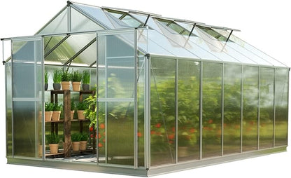Greenhouse Topas 7 Aluminum Frame 7.4 x 14.7 ft Approx. 6 mm Polycarbonate Panels - with Bonus Base Frame and Automatic Vent Opener