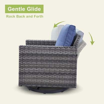 Outdoor Patio Swivel Rocker Chairs - Single Wicker Patio Swivel Rocking Chair with Waterproof Wicker,Comfortable Cushions and Sturdy Metal Frame for Outside Porch Deck Backyard(Mixed Grey/Blue/1PC)