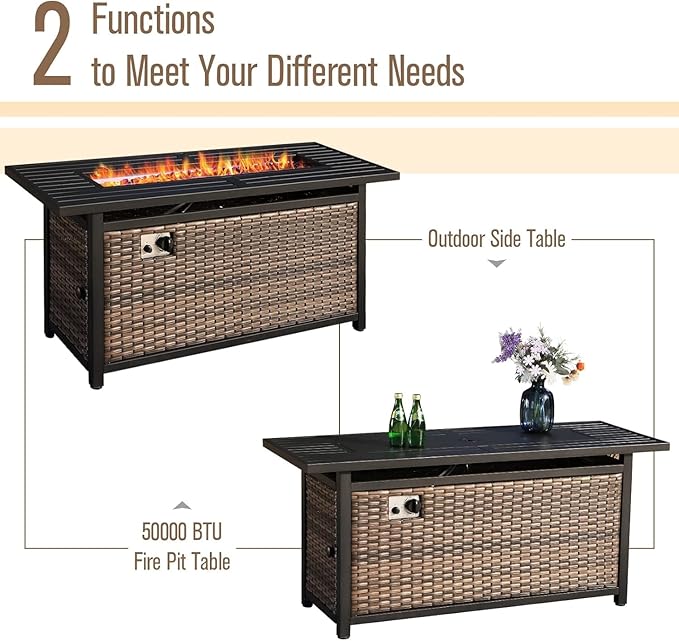 MFSTUDIO Outdoor Patio Furniture Set with 56" Fire Pit Table, 4 PCS Metal Patio Conversation Sets for 5, Patio Sectional Set with High Back 3-Seat Sofa, 2 Fixed Sofa Chairs, 56" Fire Pit Table