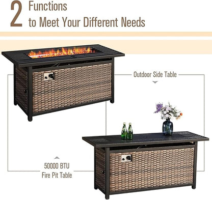 MFSTUDIO Outdoor Patio Furniture Set with 56" Fire Pit Table, 4 PCS Metal Patio Conversation Sets for 5, Patio Sectional Set with High Back 3-Seat Sofa, 2 Fixed Sofa Chairs, 56" Fire Pit Table
