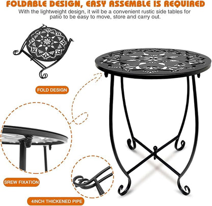 2 Pack Outdoor Side Tables for Patio,14 Inch Weather Resistant Metal Plant Stand Side Table, Round Outdoor End Table Accent Side Table for Patio Yard Porch Balcony Garden Bedside Indoor Outdoor