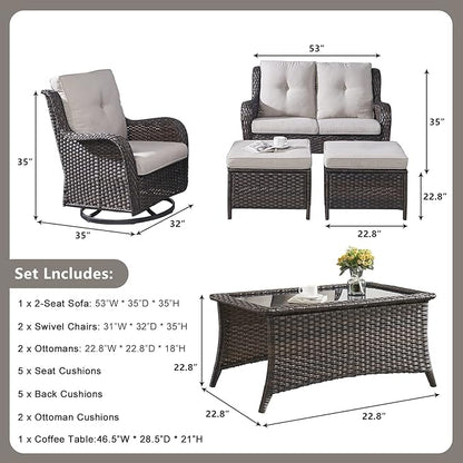 Rilyson 6 Piece Outdoor Patio Furniture Set - Rattan Wicker Patio Conversation Sets with 2 Swivel Rocker Chairs,2 Ottomans,1 Loveseat and 1 Coffee Table for Outside Porch Deck Backyard(Brown/Beige)