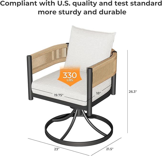 Grand patio Outdoor Dining Chair Set of 2, 2 Pieces Patio Dining Chairs, Metal Woven Wicker Swivel Patio Chairs with Light Beige Cushions for Backyard, Deck, Garden, Porch, Lawn and Poolside (Natural)