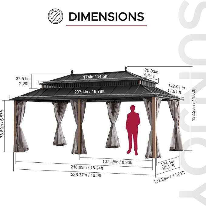 SUNJOY Kingston 20' x 12' Hardtop Gazebo with Galvanized Steel Double Roof, Curtain and Netting, Woodgrain Finish Aluminum Posts Permanent Pavilion Gazebo for Garden, Patio, Deck, Lawn