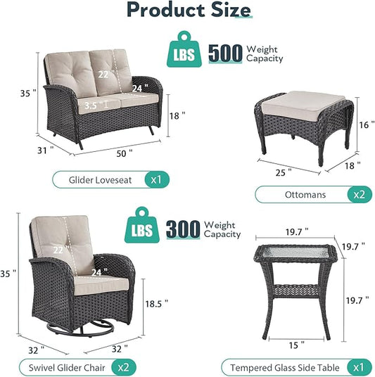 5 Piece Patio Furniture Set - Wicker Patio Conversation Set with Swivel Glider, Glider Loveseat, Tempered Glass Side Table and Coffee Table for Deck Backyard - Black Wicker Beige Cushion