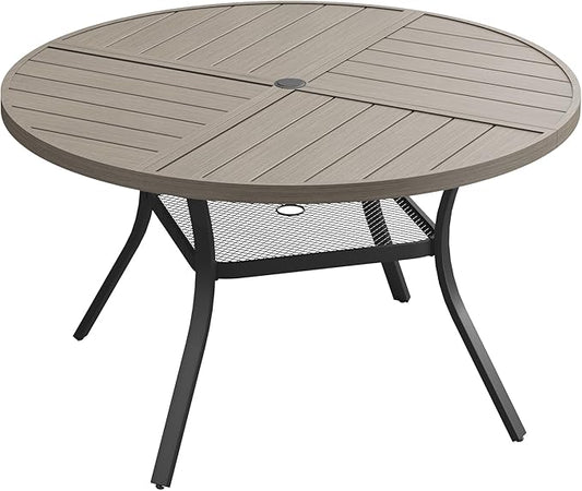 DIFY 47.2" Round Outdoor Patio Dining Table for 6, All-Weather Metal Steel Slatted Patio Table with 1.57" Adjustable Umbrella Hole, for Lawn Garden Porch Backyard, Grey Wood-Like