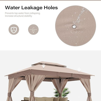 LAUSAINT HOME Outdoor Patio Gazebo 10'x13' with Expansion Bolts, Heavy Duty Gazebos Party Tent Shelter with Double Roofs, Mosquito Nets and Privacy Screens for Backyard, Garden, Lawn, Khaki