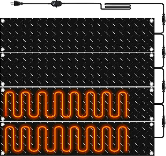 Riakrum 4 Pcs Heated Snow Melting Mats Outdoor, 10 x 48 in Winter Anti-Slip Heated Rubber Mat for Walkways Decks and Sidewalks, Snow and Ice Melting Pads Connection with 9.84 ft Power Cord