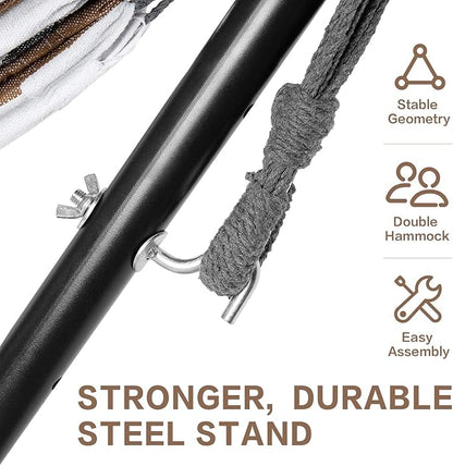 PNAEUT Double Hammocks with Stand for Outside, Portable Space Saving Heavy-Duty Steel Stand for Indoor Outdoor Patio with Carrying Bag, 450 lbs Capacity (Coffee)