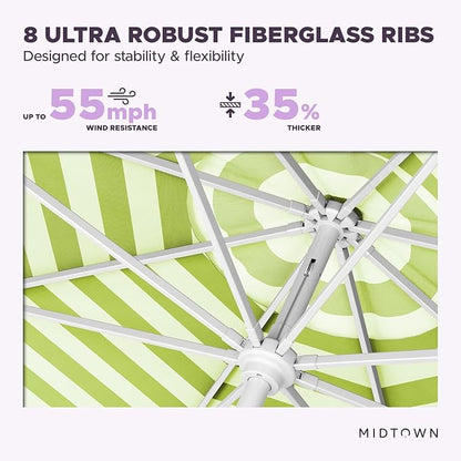 Midtown Umbrellas The Swilt 9 Feet Patio Umbrella in Terylast Pear Stripes (Green/White) Polyester Fabric - Fiberglass Ribs, Auto-Tilt Aluminum Frame For Backyard, Deck, Garden, Pool - White Pole
