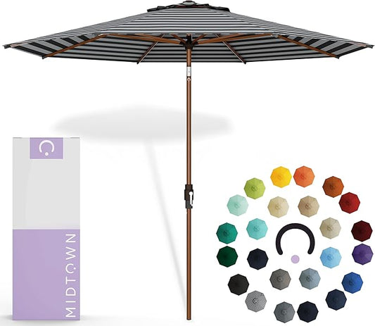 Midtown Umbrellas Sunbrella Umbrella Large Patio Umbrella 2-10 Feet in Black & White Fabric, Auto-Tilt Aluminum Frame Backyard Umbrella, Deck Umbrella, Garden Umbrella & Porch Umbrella - Wooden Pole