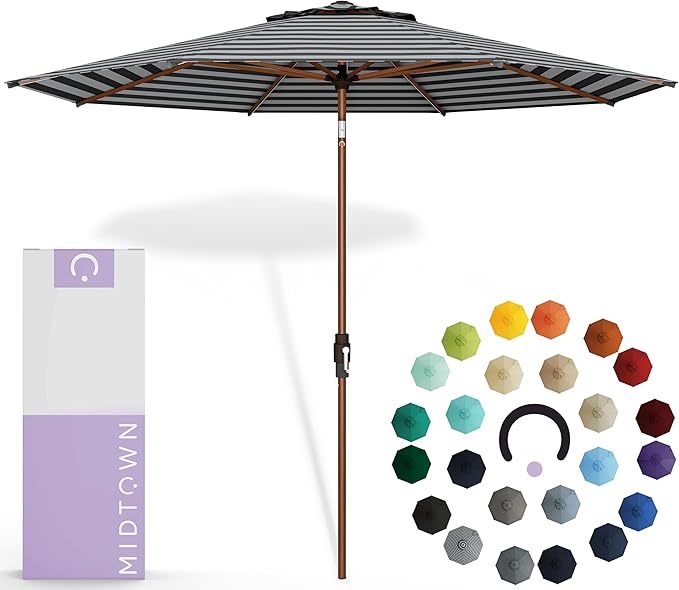 Midtown Umbrellas Sunbrella Umbrella Outdoor Patio Umbrella 2-8 Feet in Black & White Acrylic Fabric - Auto-Tilt Aluminum Frame For Backyard Umbrella, Deck Umbrella & Porch Umbrella - Wooden Pole