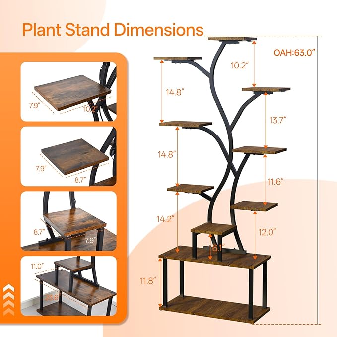 Bstrip 63 Inch Plant Stand with Grow Light, 10-Tier Plant Shelf for Indoor Plants, Decor Tree Shaped Flower Stand for Home, Corner & Patio