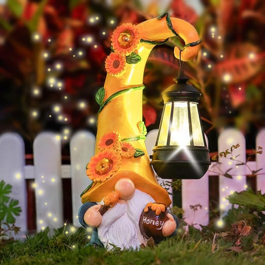 Birthday Gifts for Mom Grandma Woman 12" Solar Sunflower Gnome Garden Statues Honey Bee Jar Decor with LED Lantern Outdoor Gnomes Decorations Patio Yard Balcony Art