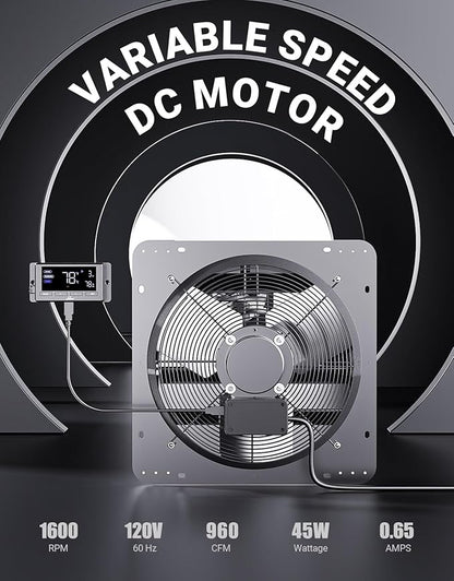 iLiving 12" Wall Mounted Shutter Exhaust Fan, Automatic Shutter, Temperature and Humidity Controls with Variable Speed, 960 CFM at 1600 RPM DC Motor