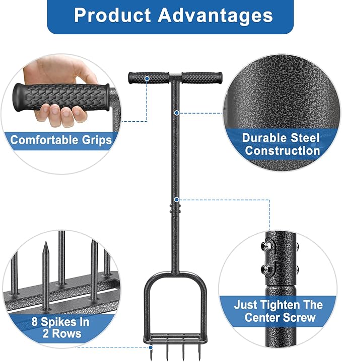 BeneLabel Manual Lawn Aerator Spike Tool with 8 Solid Spikes Handheld Grass Plug Aerators for Yard with Soft Rubber T-Handle Improving Lawn Health