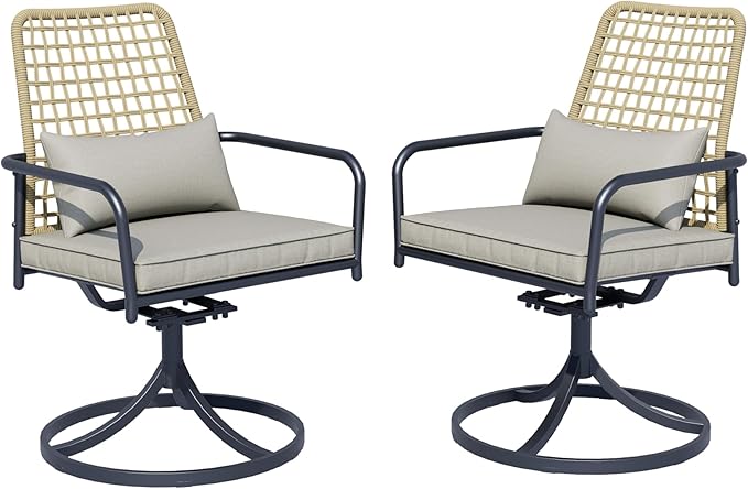 7-Piece Outdoor Patio Dining Set, 63-Inch Rectangular Table, 6 Wicker Rattan Swivel Chairs with Gray Cushions