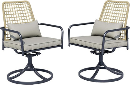 7-Piece Outdoor Patio Dining Set, 63-Inch Rectangular Table, 6 Wicker Rattan Swivel Chairs with Gray Cushions