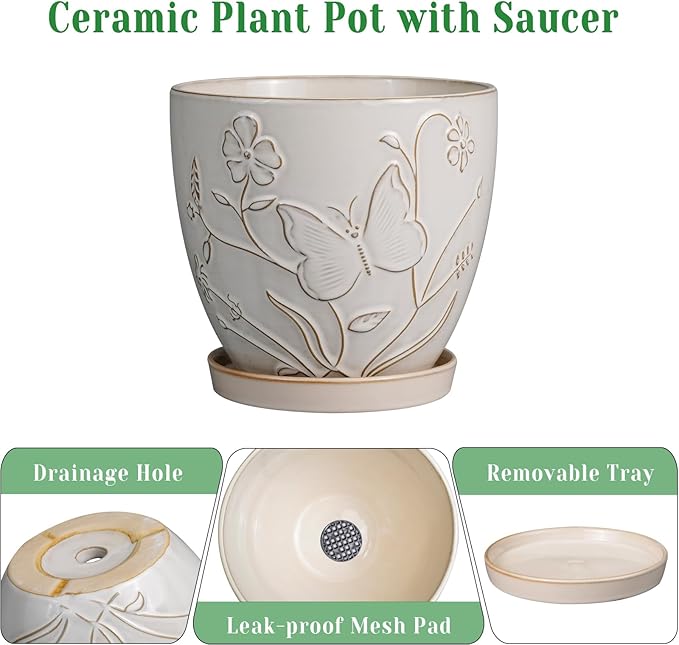 6 Inch Ceramic Plant Pot for Indoor Plants Outdoor Round Planter Flower Pot with Drainage Hole and Saucer for Home Garden Office Decor White