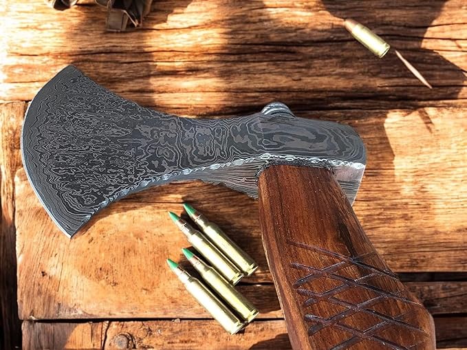 AX-7000 Custom Gift Forged Damascus Steel Vintage Axe with Rose Wood Shaft, Viking Bearded Camping Axe (AX-7000) (AX-8194)