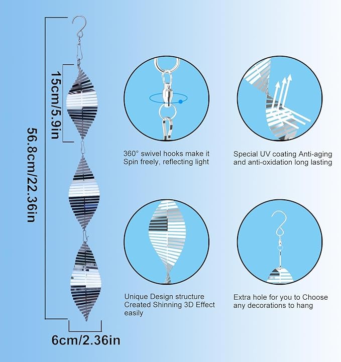 3x3 Stainless Steel Bird Scare Discs Set,3D Reflective Helix Wind Spinners with Rotating Hooks, Sparkly Metal Decor & Gentle Light Deterrent for Yards/Farms/Orchards