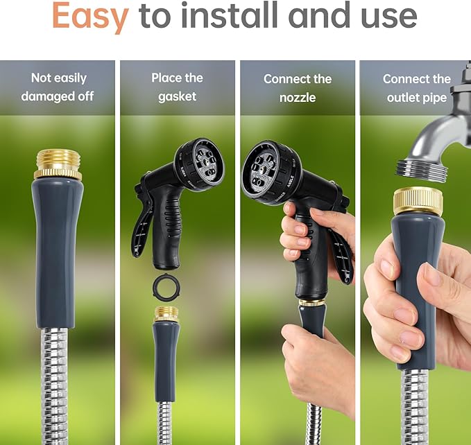 Stainless Steel Garden Hose 50 ft Heavy Duty Metal Water Hoses with 10 Function Water Hose Nozzles for Yard Outdoor