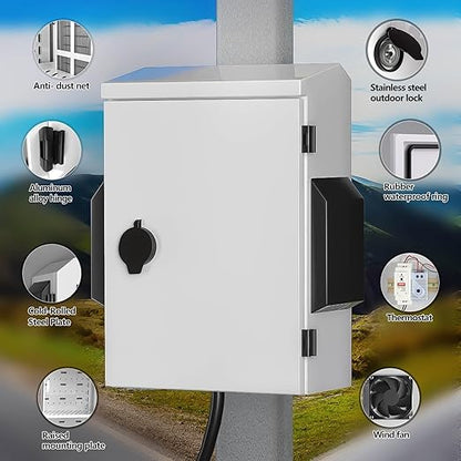 Outdoor Electrical Box with Thermostat and Fan, Cold-Rolled Steel Plate, Aluminum Alloy Back Beam, One-Piece Ventilation Design, IP65 Waterproof, Wall/Pole Mounted. (17.7" x 13.8" x 8")