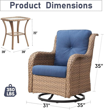 Luxury Wicker Swivel Patio Chairs Set of 3, Outdoor Swivel Rocking Chairs with Side Table, Outdoor Bistro Set for Patio, Porch, Yard, Deck, Poolside, Yellow/Blue