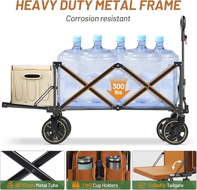 TIMBER RIDGE 49" Extra Long Collapsible Folding Wagon with Tailgate and Brakes, 250L Capacity All-Terrain Wagon Carts Foldable, 300lbs Portable Cart for Dog, Garden, Outdoor Camping Sports, Orange