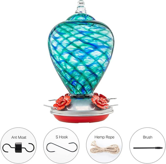Hummingbird Feeders, 34OZ Hand Blown Glass Hummingbird Feeder for Outdoors Hanging with Ant MoatHooks, Perfect for Gardening Yard Patio Decor Gifts (Blue Mermaid)