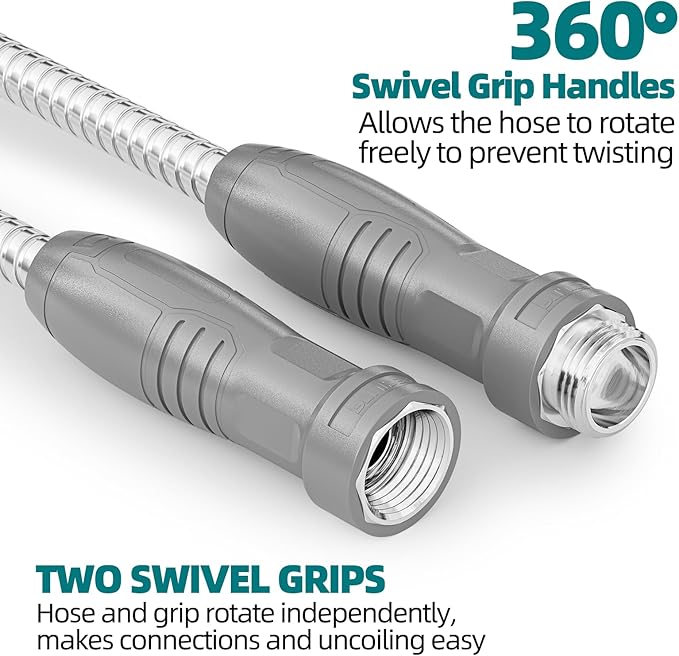 SPECILITE Stainless Steel Garden Water Hose 50 ft with Swivel Handle, Lightweight & Flexible Pipe with Heavy Duty Nozzle for Yard, Outdoor, Lawn