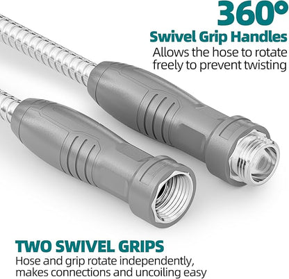 SPECILITE Stainless Steel Garden Water Hose 50 ft with Swivel Handle, Lightweight & Flexible Pipe with Heavy Duty Nozzle for Yard, Outdoor, Lawn