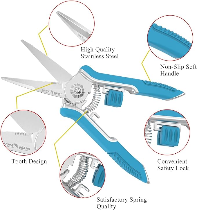 FLORA GUARD 6.5-Inch Floral Scissors, Zinc Alloy with Rubber Handle, Toothed Blade for Quick Cutting, Suitable for Flower Placement, Plant Pruning, Rose or Fruit Picking (Blue)
