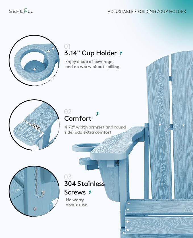 SERWALL Folding Adirondack Chair, Adirondack Outdoor Chair with Cup Holder, Adjustable HDPE Adirondack Chair with 3 Recline Positions, Light Blue