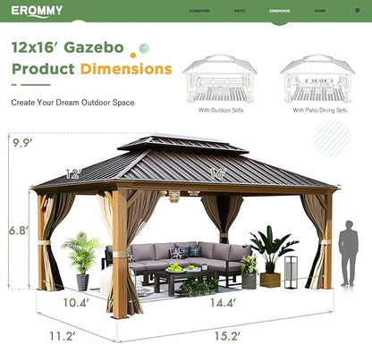 EROMMY 12'x16' Hardtop Gazebo, Wood Grain Aluminum Frame Outdoor Gazebo with Galvanized Steel Roof, Permanent Metal Pavilion with Curtains and Nettings for Patio, Backyard, Deck and Lawns
