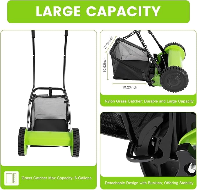 12 Inch Manual Push Reel Lawn Mower with Adjustable Mowing Height, 5 Blades and Collection Bag, Push Lawn Sweeper Grass Catcher Outdoor Power Tools for Picking up Leaves,Grass and Debris on Lawns