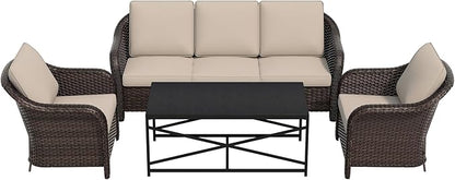Vista Vibe 4 Pieces Outdoor Patio Conversation Furniture Set - 78" 3-Seat Couch | 2 Chairs | Metal Coffee Table, Rattan Wicker Loveseat Sofa with Washable Cushions, Garden, Deck, Terrace (Beige)
