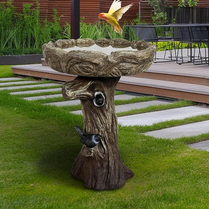 watnature 23” Tall Fibre Reinforced Concrete Birdbaths with Birds for Patio, Woodland Tree Trunk Decorative Outdoor Bird Bath for Garden，Pedestal Birdbaths for Outdoors, Garden, Patio, Lawn, Backyard